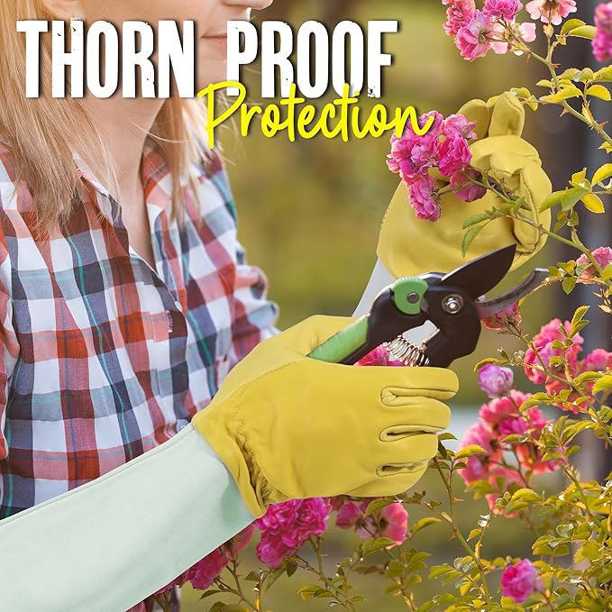 HANDLANDY Rose Pruning Gardening Gloves for Men Women, Thorn Proof Forearm Protection Leather Garden Gloves, Gardening Gifts for Gardeners (Golden Yellow, Medium)