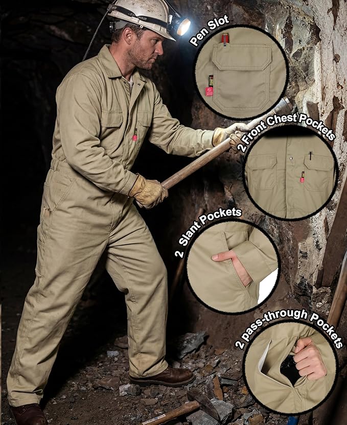 BOCOMAL FR Coveralls Men 7.5oz Cotton Twill Flame Resistant Fire Retardant Work Coverall NFPA 2112 HRC2