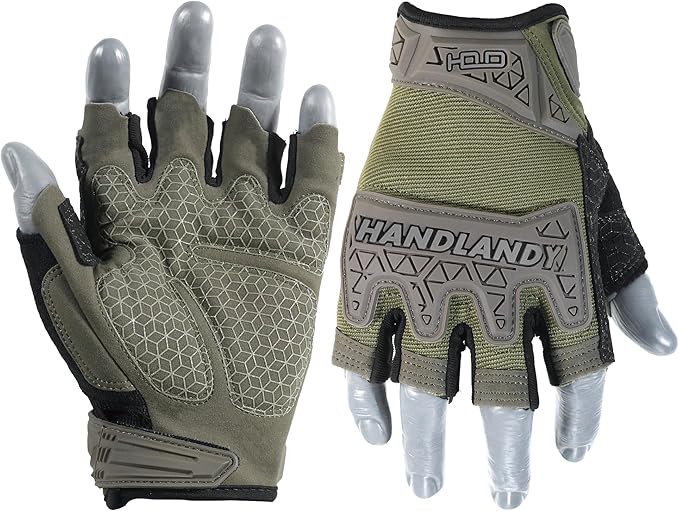 HANDLANDY Fingerless Work Gloves for Mens & Women, Uwrist Half Finger Shock-Absorbing Breathable Glove