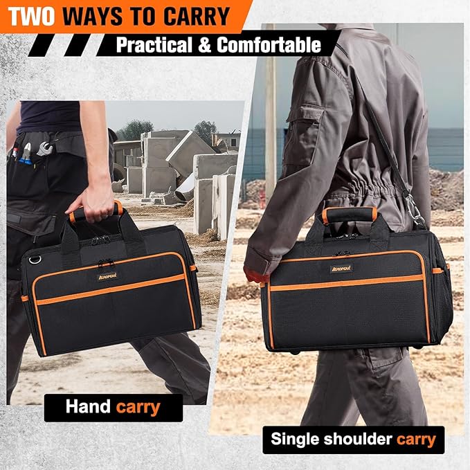 Heavy Duty Tool Bag 17.3-Inch, 26-Pocket Large Tool Bags for Men Women with Adjustable Shoulder Strap,Waterproof, Foldable Tool Bag Organizer for HVAC Electricians Mechanics Craftsman Contractor