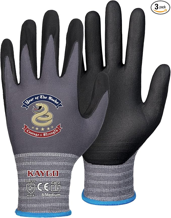KAYGO Safety Work Gloves MicroFoam Nitrile Coated, 3 Pairs KG18NB,Seamless Knit Nylon Glove for Men and Women, Ideal for Automotive,Warehouse,Construction (M,Gray)