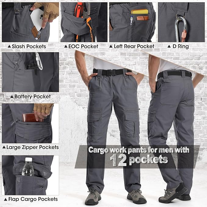 IGOLUMON Men's Ripstop Tactical Pants Breathable Stretch Cargo Pants Outdoor Lightweight EDC Work Hiking Pants Zipper Pockets