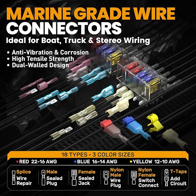 SOMELINE Heat Shrink Connector Crimp Tool Kit, 22-10 AWG Ratchet Crimping Pliers, with 18 Size Marine Grade Heat Shrink Disconnect Terminals and Nylon Disconnect Terminals, Wire Crimping Tool