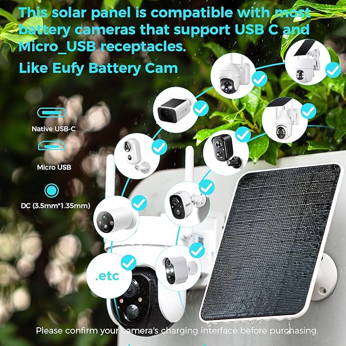 5V Solar Panel for Seucrity Cameres, For Bird Feeder Trail Cam, Ring Tapo Eufy Vicohome Eseecloud, Native USB-C, Micro-USB & DC 3.5mm*1.35mm 9.8 Ft Cable 23% Energy Conversion 180 Days Exchange Policy