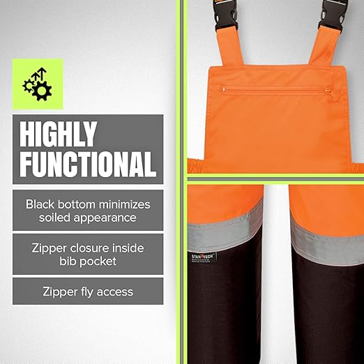 Pioneer Hi Vis Ripstop Waterproof Bib Pants/Overalls for Men - Reflective Safety Work Rain Pants - High Visibility Orange