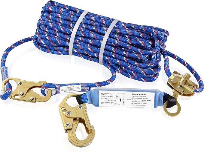 25FT Vertical Lifeline Assembly，Fall Protection Rope with Two Rope Grab Snap Hooks, Shock Absorber，Safety Climbing Equipment Roofing Safety Kit, CE ANSI