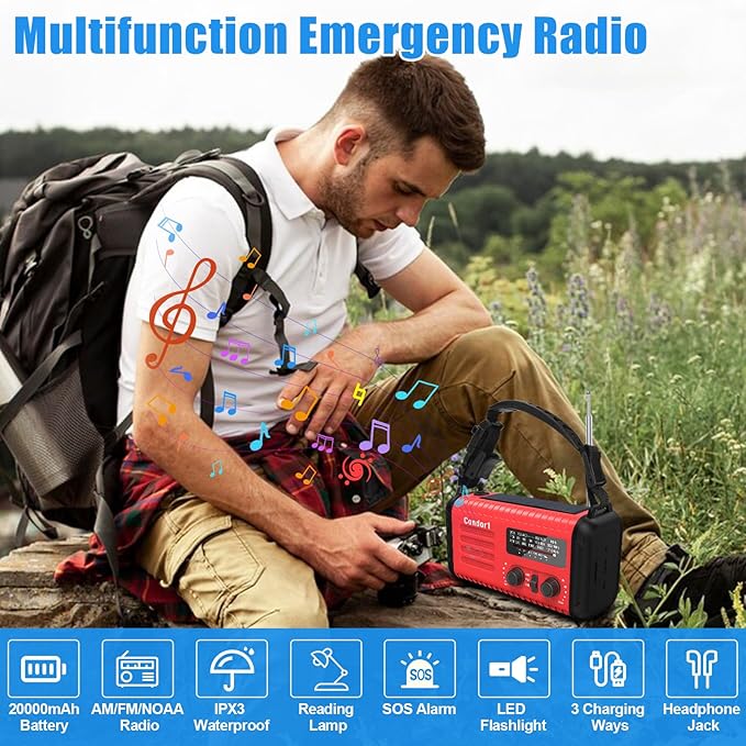 AM FM NOAA Portable Emergency Radio，USB-C/Solar/Hand Crank Charging, Strong Reception & Sound, Large Dial Easy to Use,Alert, Flashlight, Reading Lamp, Cell Phone Charger and SOS Siren