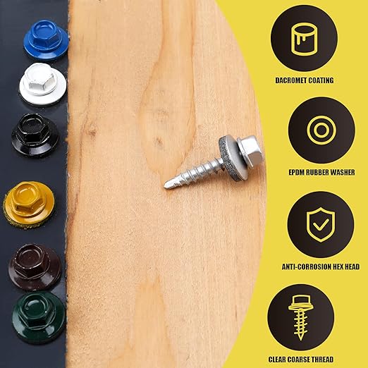 300pcs #10 x 1 Galvanized Hex Head Self-Drilling Metal Roofing Screws, EPDM Washer, No Paint, Wood Screws, Sheet Metal Roof Screw with Hex Driver Bit