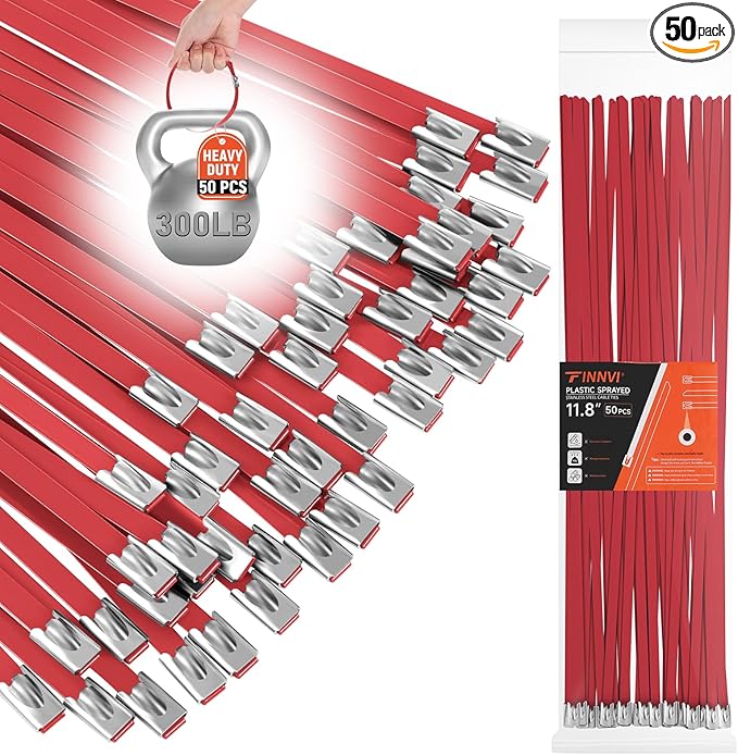 Red Metal Zip Ties Heavy Duty 11.8 inch for Outdoor Use, Stainless Steel Epoxy Coated Cable Chain Link Fence Zip Ties, Durable Metal Wire Ties Strap UV Resistant