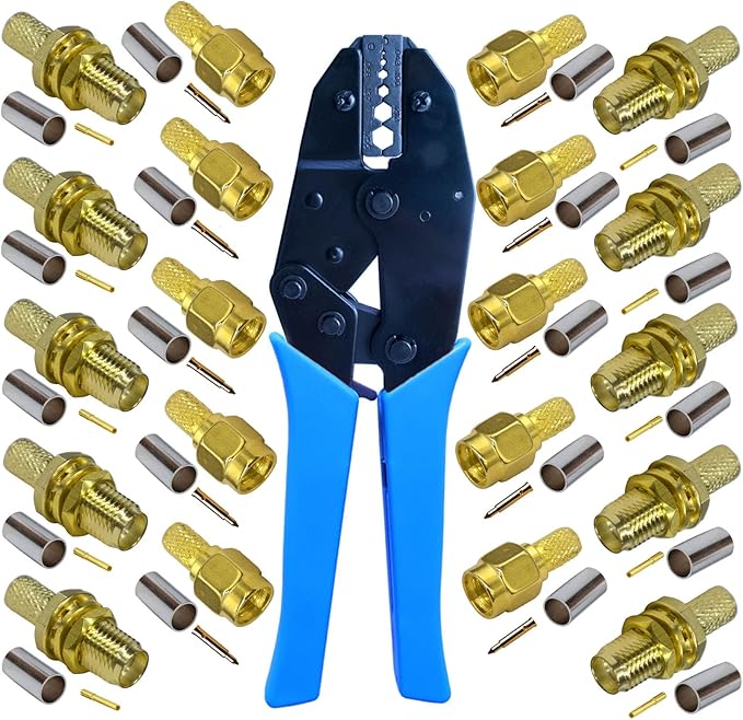 SMA Connector and SMA Crimping Tool Kit, SMA Crimper and 10pcs SMA Male Crimp Connector&10Pcs Female Crimp Connectors for RG58 WIFI Antenna Extension Cable