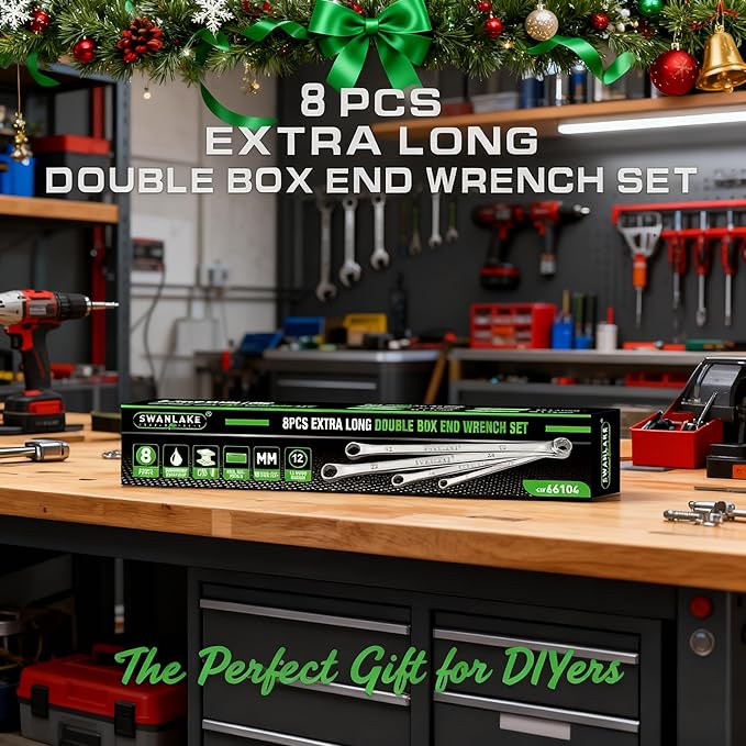 SWANLAKE GARDEN TOOLS 8-Piece Extra Long Double Box-End Wrench Set, Premium 12-Point Metric 8–24 mm, CR-V Steel, 15° Offset, Off-Corner Loading, with Tool Roll Bag