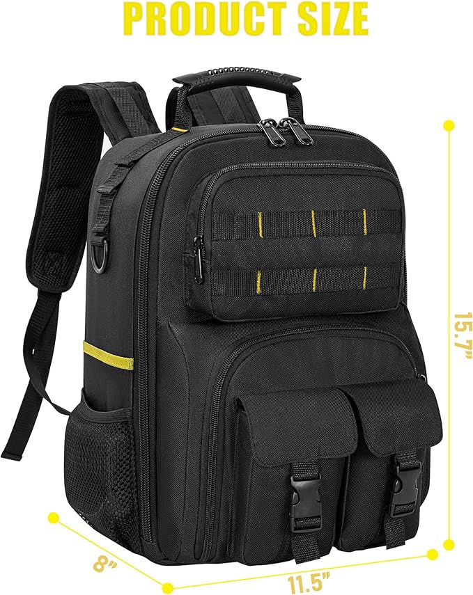 Tool Backpack, Heavy Duty Tool Bag with Padded Shoulder and Removable Tool Organizer, Water-Resistant Work Backpack, for Electrician, Plumber, HVAC, Cable Repairman, Black & Yellow