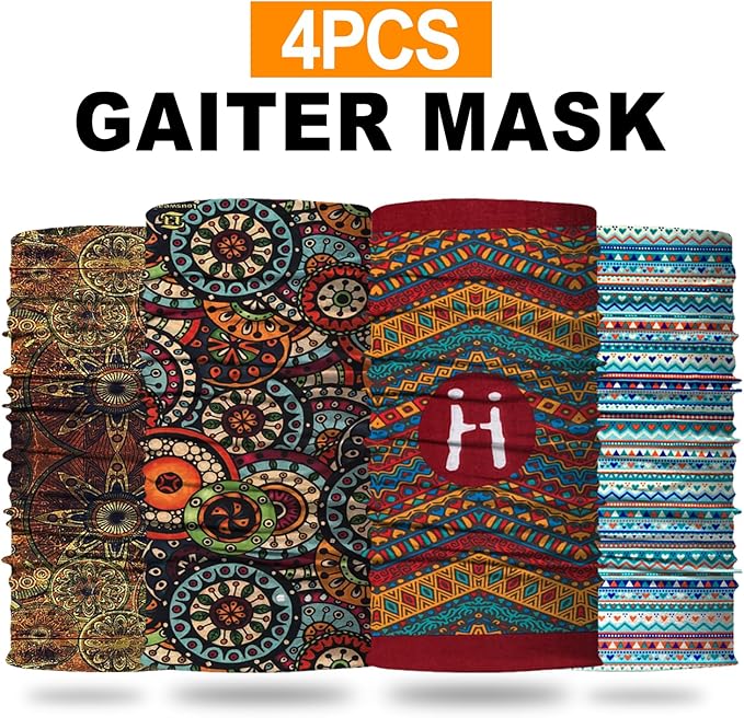 4Pack Neck Gaiter for Men Women Face Cover Mask Head Wrap Balaclava Headwear Bandana Headband Magic Scarf