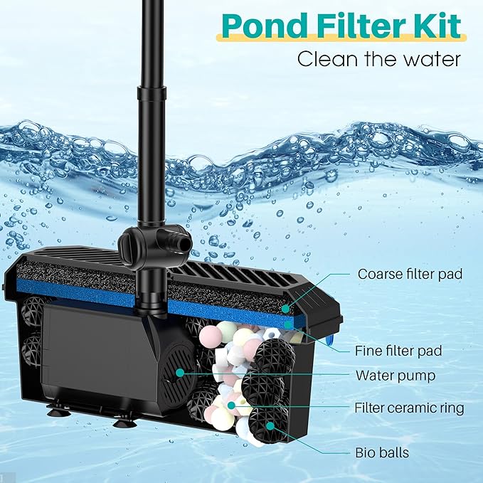 Biling Pond Filter with Fountain Pump Kits, 660GPH Koi Pond Filter with 40W Pond Pumps for Outdoor Ponds, Pond Fountain Kit for Garden Pond, Fish Tank, Water Feature - Corded Electric