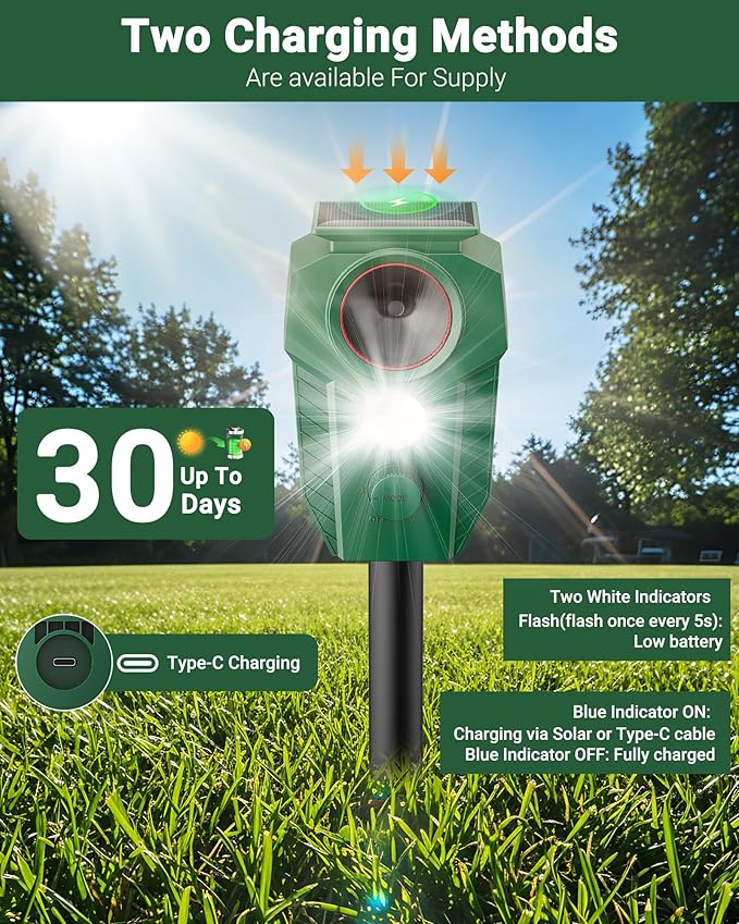 Solar Ultrasonic Animal Repellent Outdoor - Deer Repellent Devices with Motion Sensor & Flashing Lights, Waterproof Deterrent for Yard Garden to Repel Cats, Squirrels, Raccoons