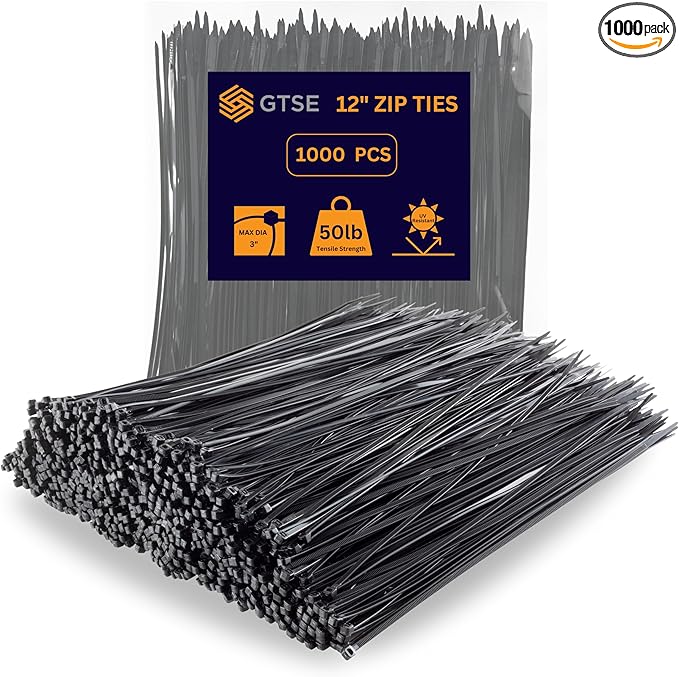 GTSE 12 Inch Black Zip Ties, 1,000 Bulk Pack, 50lb Strength, UV Resistant Long Nylon Cable Ties, Self-Locking 12" Tie Wraps