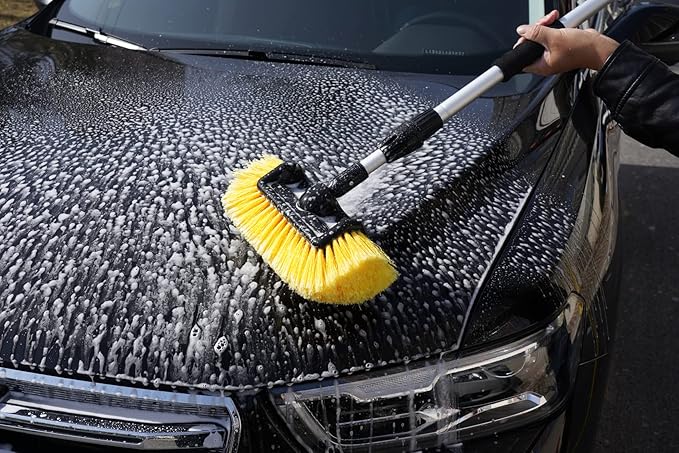 SCRUBIT 12" Car Wash Brush with Soft Bristles for Car, Truck, Boat Deck & House Cleaning, Exterior Washing Brush Connects with Pole & Hose, Storage Bag Included (Yellow)