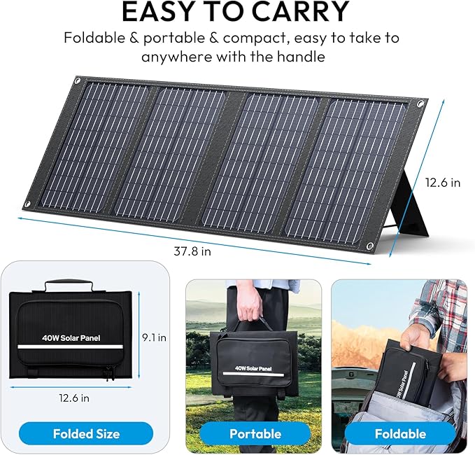 40W Portable Solar Panels, Foldable Solar Panel Charger for 100-300W Portable Power Bank, with Adjustable Kickstands, DC 12-15V Output, USB 3.0 Port for Camping Van RV Trip