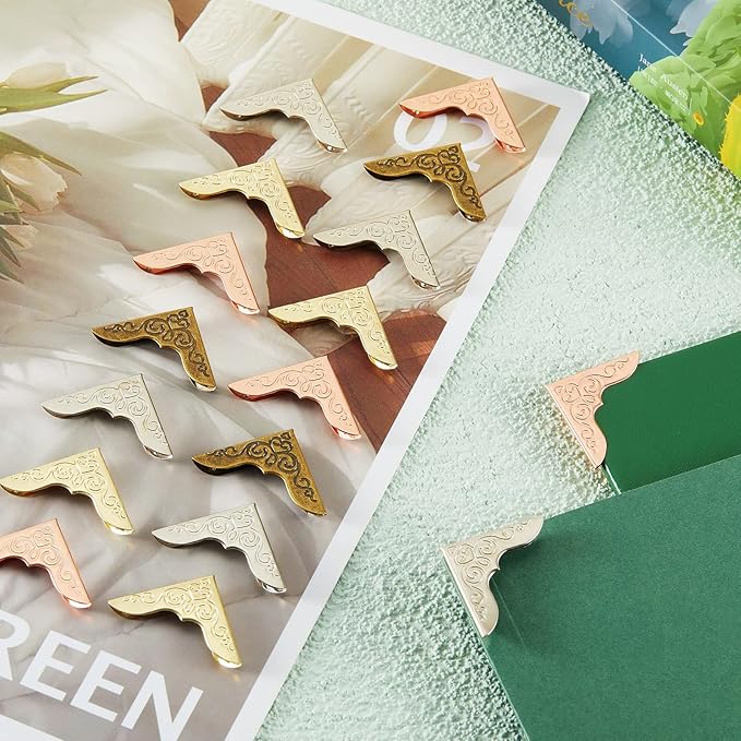 Zhengmy 80 Pieces Book Corner Protector Metal Vintage Photo Album Corner Protectors Decoration for Crafting Scrapbooking Photo Angle Book Cover Menus Notebook