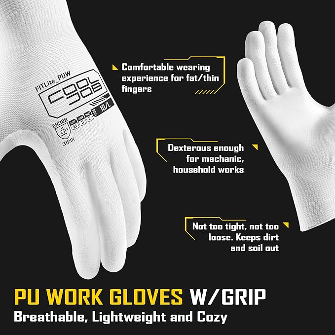 COOLJOB 12/60 Pairs Safety Work Gloves Pack Bulk with Grip PU Coating, 13 Gauge Seamless Knit Gloves with Polyurethane Dipped for Warehouse Working, Breathable Lightweight for Men Women, White Small