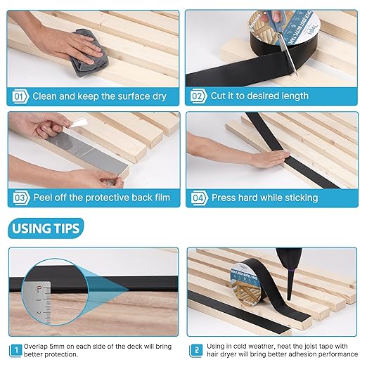 Butyl Joist Tape for Decking 2" x 50', 6 Rolls Weather-Resistant Deck Joist Tape, Waterproof and Anti-Corrosion, Self-Adhesive Flashing Joists Tape for Wood Decks Beams Roof