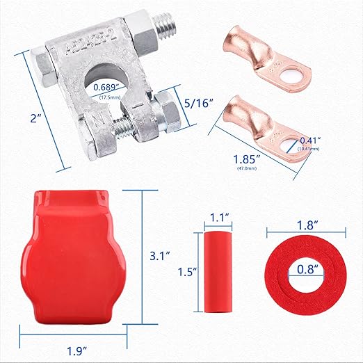 Battery Terminal Connectors, Military Spec Positive Negative Heavy Duty Auto Car Marine Battery Terminal,with 4 Pcs 2 Gauge 3/8" Copper Lugs,4 Heatshrink,2 Cover and Anti Corrosion Washers (Kit)