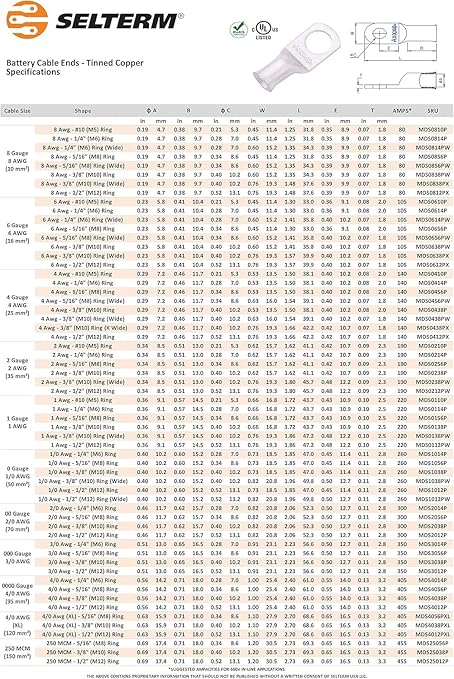 SELTERM 2pcs 2 AWG 3/8" Stud (Wide Pad) Tinned Copper Wire Lugs, Battery Lugs, Ring Terminals, Battery Cable Ends, 2 Gauge Ring Terminal Connectors, UL Marine Grade Battery Terminal Connectors