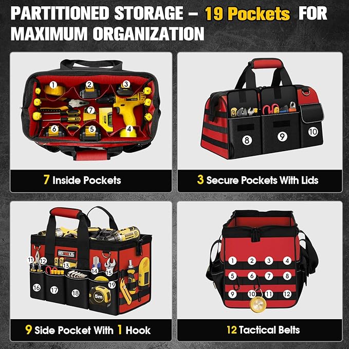 16-Inch Heavy Duty Tool Bag, 19-Pockets Tool Box Organizer, Portable Toolbag W/Soft Handle for Organized Storage, Mechanic Gifts for Men Dad Husband Fathers Day, Wide Mouth Electrician Toolbox, Red