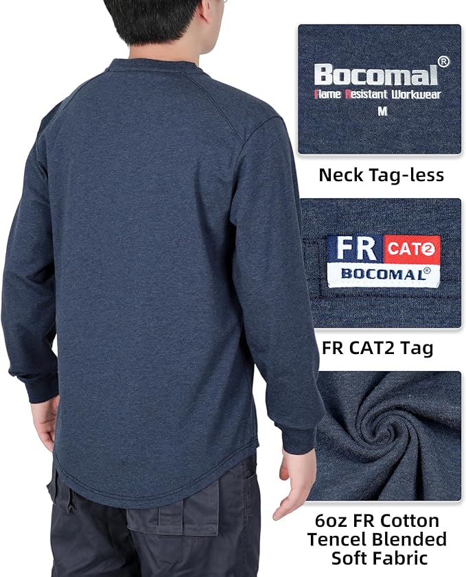 BOCOMAL Men's FR Shirts Long Sleeve Crewneck EX Soft Heather Series 6oz Midweight Flame Resistant Work T Shirt CAT2