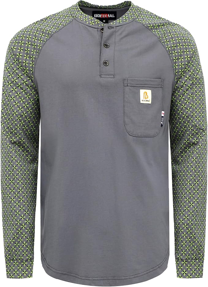 BOCOMAL FR Shirts 6oz Lightweight Flame Resistant Long Sleeve Henley Shirt Fire Retardant Workwear NFPA2112 CAT2