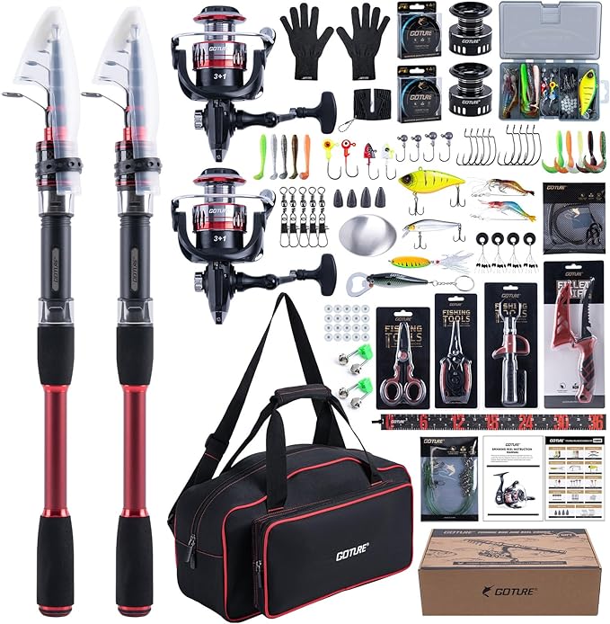 Goture Fishing Rod and Reel Combo, Red Telescopic Fishing Pole with Full Starter Kit & Carrier Bag, Portable 24T Travel Spinning Rod for Bass Trout, Freshwater Beginners Gift