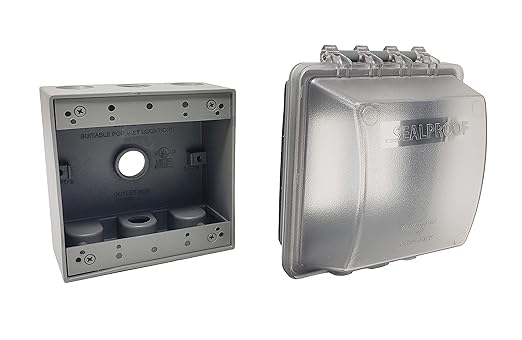 Sealproof 2-Gang Weatherproof Exterior in Use Outlet Cover and Box Kit - Double Gang Metallic Electrical Outlet Box with Three 1/2-Inch Holes and UL Extra Duty, Lockable, in Use Outdoor Outlet Cover