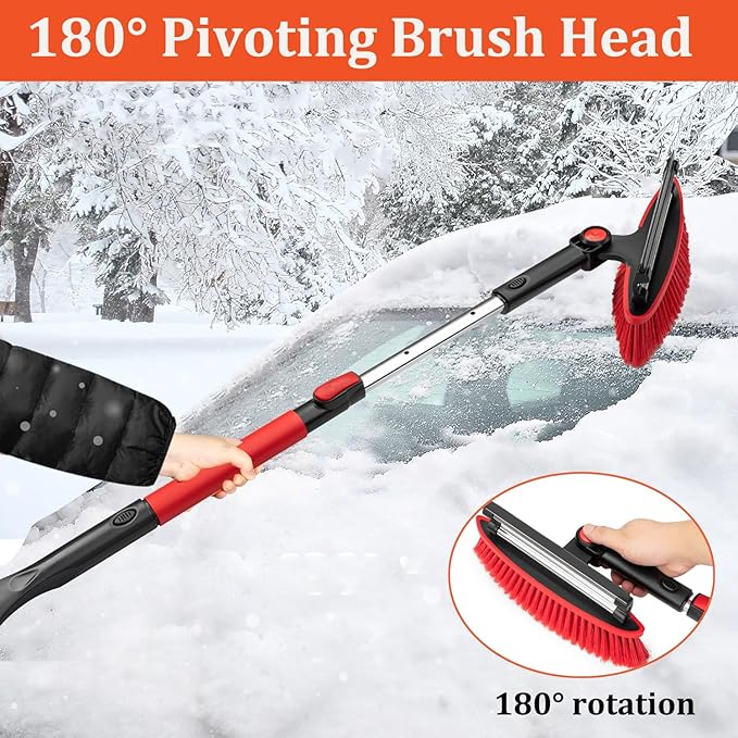 Car Snow Brush Ice Scraper Remover with Squeegee 39inch Long Handle Extendable Snow Removal Tool Windshield Snow Scrapers Removal Shovel for Ice and Snow Red Color