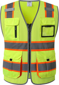 JKSafety 9 Pockets Hi-Vis Mesh Safety Vest for men and women | Chaleco reflectante de seguridad | Zipper Front | Multiple Pockets | Class 2 (140-Yellow XL)