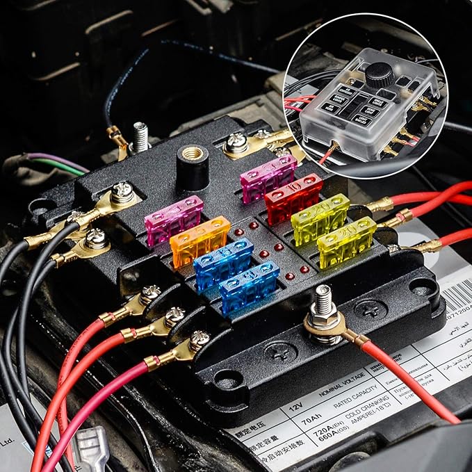 12 Volt Fuse Block, Waterproof 6 Way Fuse Box with 6 Ground Negative Busbar for Automotive[100 Amp Max] [ATC/ATO Fuses] [LED Indicator] [2 Spare Fuse Slots] for Car Boat Marine RV DC 12-24V