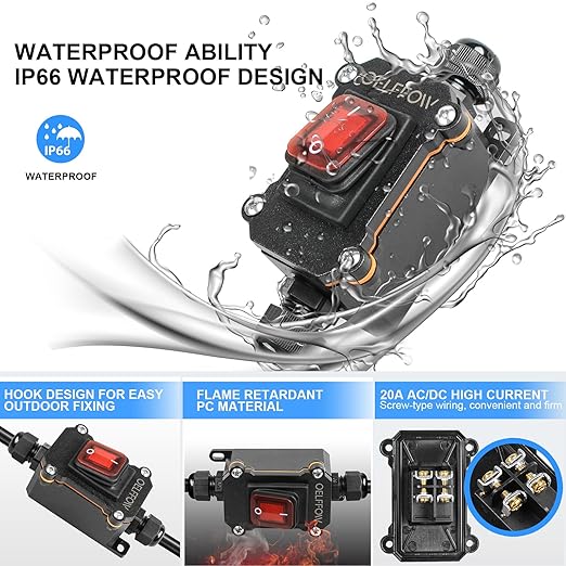 Waterproof On Off Toggle Switch Double Outlet with Red Light Rocker Button Inline Cord Switch DPST AC/DC 20A-125V,16A-250V,30A-24V,35A-12V, IP66