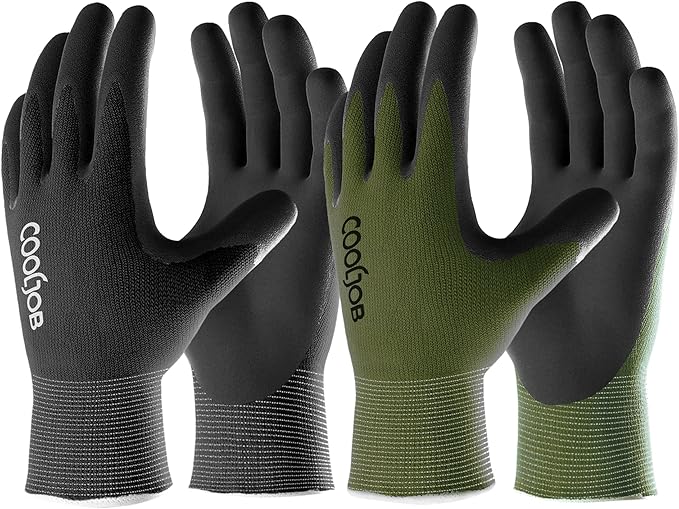 COOLJOB Gardening Gloves for Men, 2 Pairs Breathable Rubber Coated for Garden Weeding Landscaping, Outside Work for Lawn Yard, Men's Large Size, Black & Green