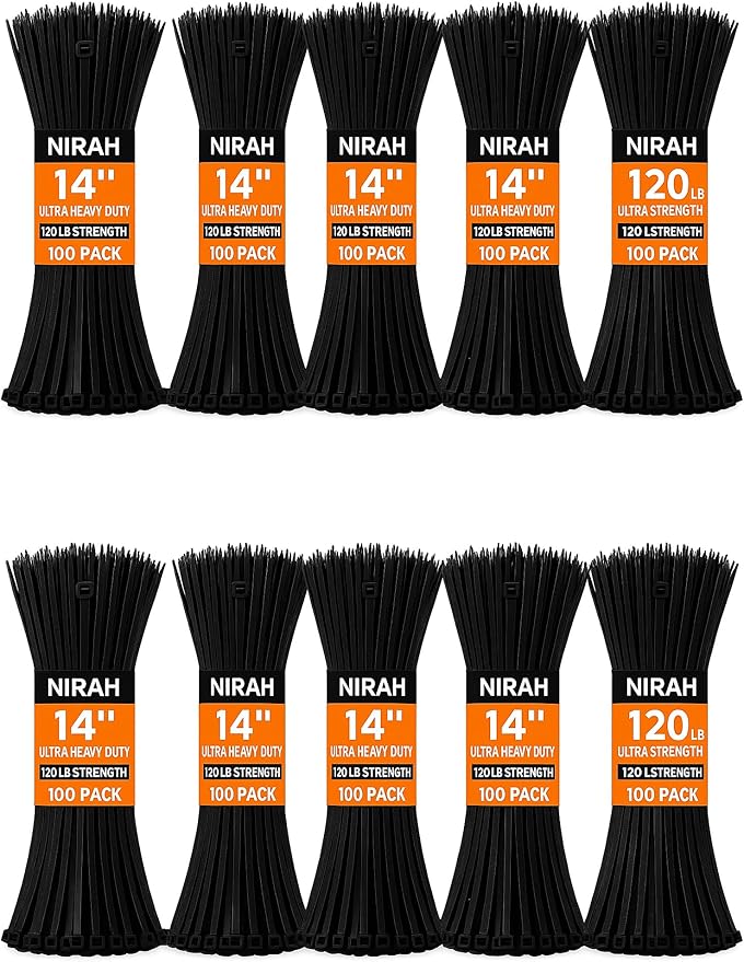 14 inch Zip Ties Black (1000 Pack) 120lbs Ultra Heavy Duty Tensile Strength, UV Resistant, Self-Locking, Nylon PA66 Cable Ties, Wire Ties for HVAC, Home, Office, Contractors, Businesses by Nirah
