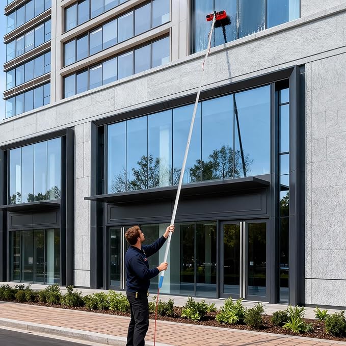 Solar Panel Cleaning Brush & Squeegee Kit, 32.81ft Long Reach Extendable Water Fed Pole Kit, Water Fed Window Cleaner Tool with 14" Brush, for Window Outdoor Roof Cleaner Kit (32.81FT Long)