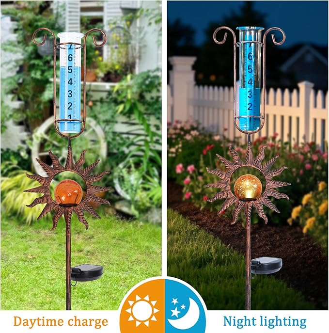 WONDER GARDEN Solar Rain Gauge Outdoor, Sun Decorative Rain Gauges Outdoors Best Rated with Orange Crackled Glass Ball, Freeze Proof Water Rain Measure Gauge for Yard Patio Lawn Decor