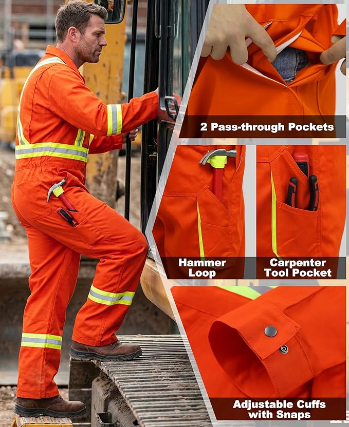 BOCOMAL FR Coveralls Men High Visibility 7.5oz Cotton Twill Flame Resistant Fire Retardant Work Coverall NFPA2112 HRC2