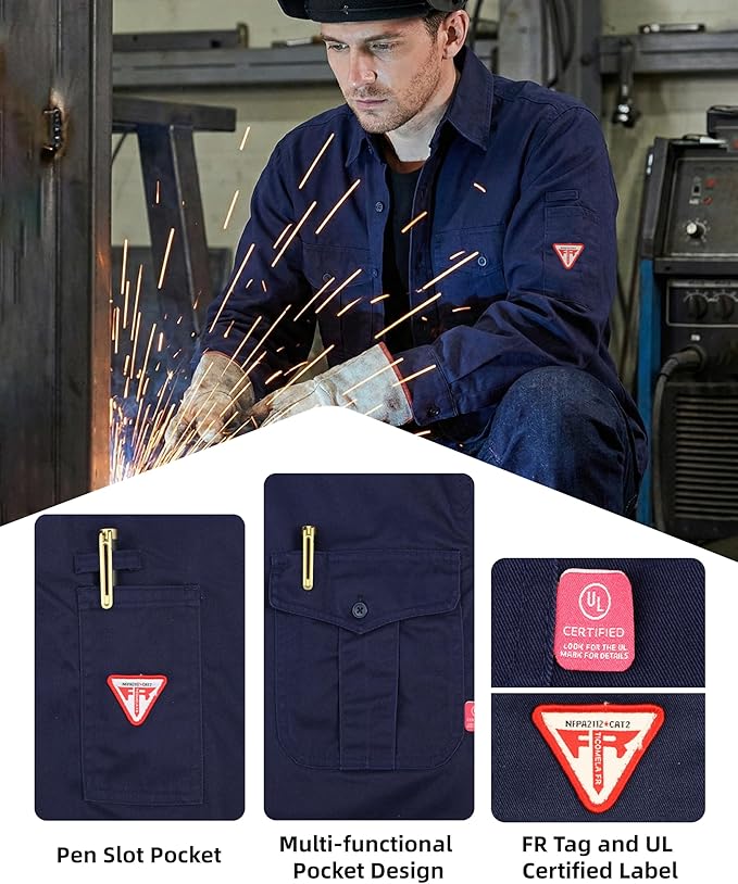 TICOMELA Men’s Mid-Weight FR Welding Shirt, 7.5oz 100% Cotton NFPA 2112 CAT2 – Flame-Resistant Button-Down Work Shirt