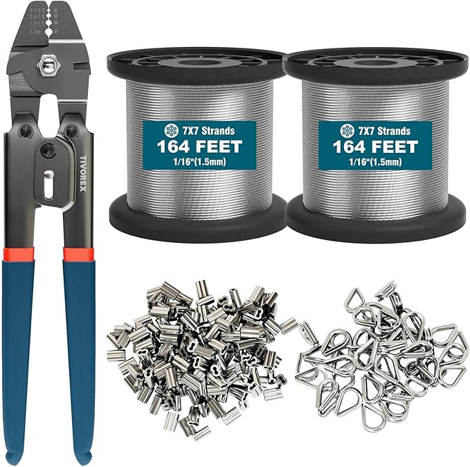 328ft Wire Rope Crimping Tool Kit with Built-in Cutter, 1/16" Stainless Steel Wire Rope Cable with 210PCS Aluminum Crimping Loop Sleeve, 50PCS Thimble for Railing, Decking, Picture Hanging