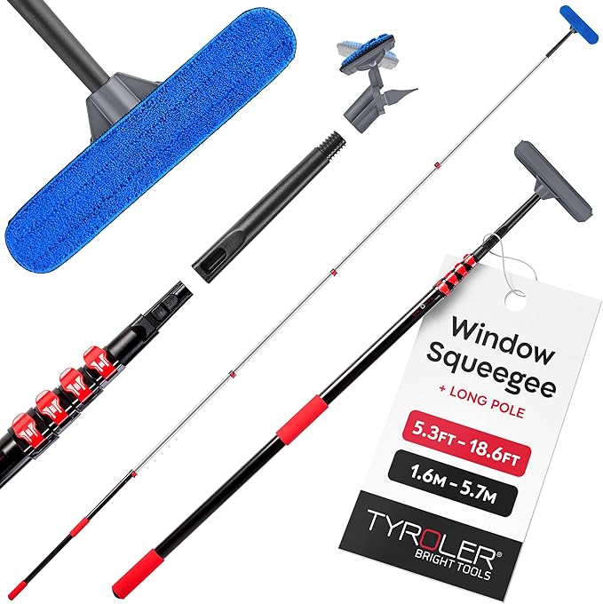 Tyroler Professional Window Squeegee with Extension Pole | 5.3-18.6ft Squeegee for Windows Cleaning | Outdoor Window Cleaner Tool, Windows Washing Kit with Extension Pole | Window Cleaning Kit