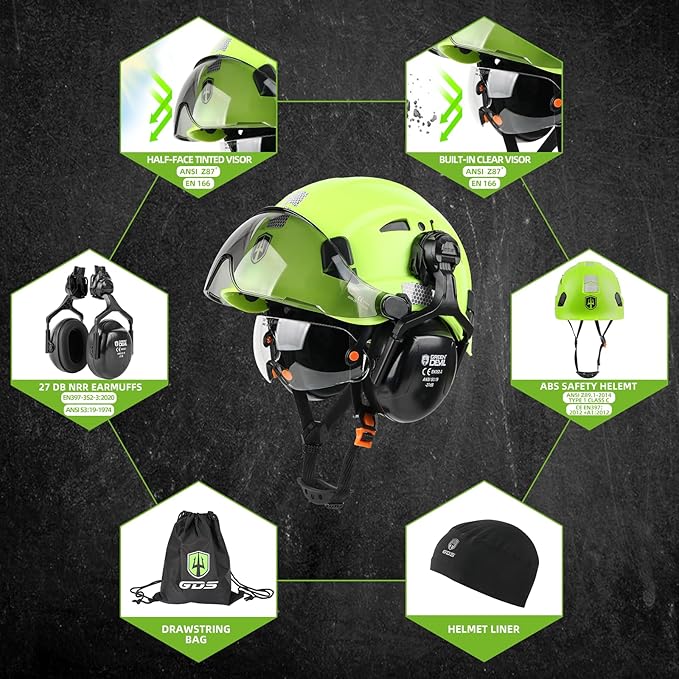 GREEN DEVIL Hard Hat Safety Helmet with Visor and Ear Muffs Men Women Vented Work Hardhat ANSI Z89.1 Cascos De Construccion for Industrial Construction Forestry
