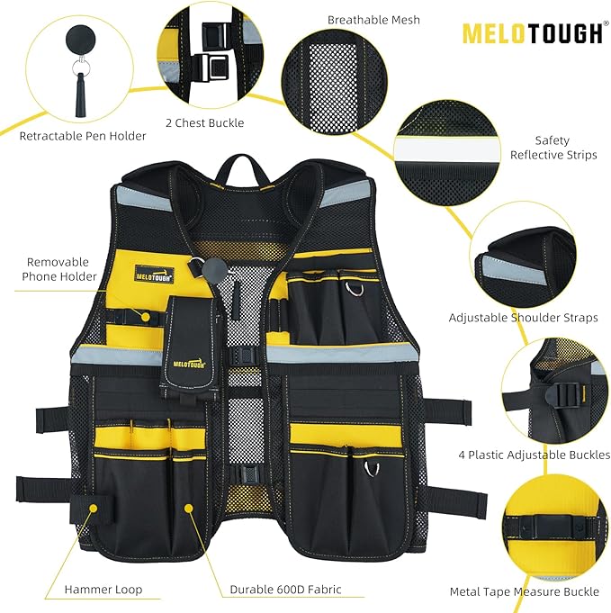 MELOTOUGH Tool Vest Reflective Safety Tool Vest with Removable Phone Holder,Retractable Pen Holder for Handyman,Electrician,Carpenters(Yellow)