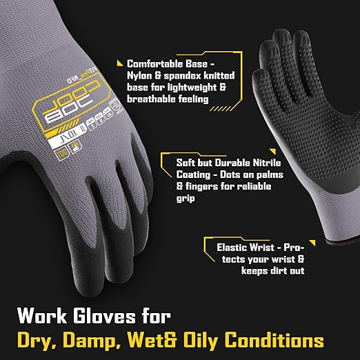 COOLJOB 6 Pairs Nitrile Rubber Coated Nylon Safety Work Gloves Pack Bulk, Dotted for Non-Slip Grip, Breathable Soft Seamless Knit Nitrile Dipped Gloves for Warehouse, Home Improvement, Yard, Small