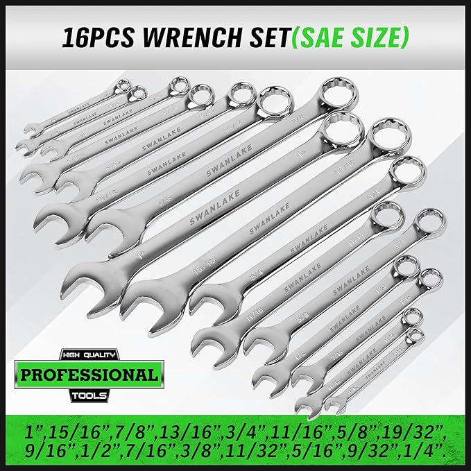 SWANLAKE 32-Piece Combination Wrench Set, SAE and Metric, 1/4"-1" & 7mm-22mm, 12 Point, Chrome Vanadium Steel