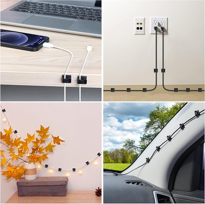60 PCS Adhesive Cable Clips, Upgraded Wall Wire Clips for Cable Management, Strong Cord Clips Wire Holders for The Wall, Under Desk, Christmas Lights, Car, Dash Cam, Ethernet, Electric Wires Small