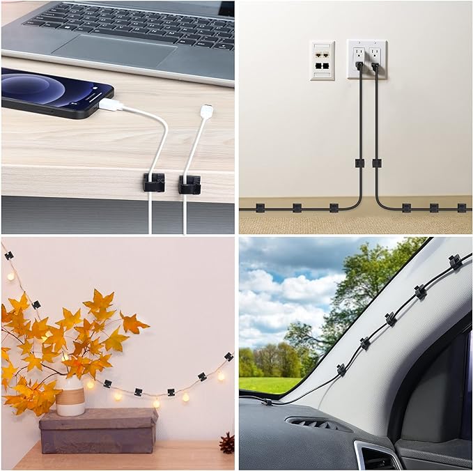 100 PCS Adhesive Cable Clips (Small, White&Black), Upgraded Wall Wire Holder Cord Organizer for Cable Management Under Desk, Light Clips Hooks for LED, Car Dash Cam, USB Cable